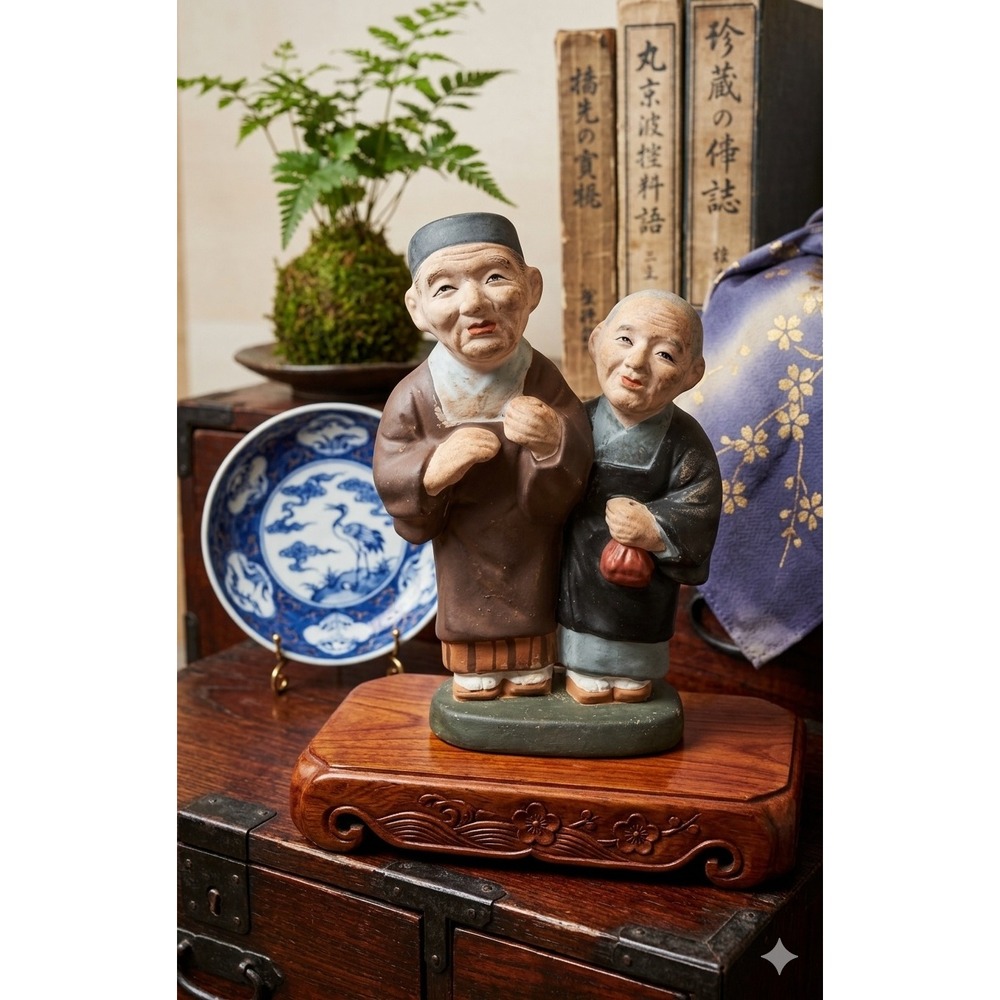 Vintage Japanese Hakata Urasaki Clay Doll Figurine Elderly Couple Traditional